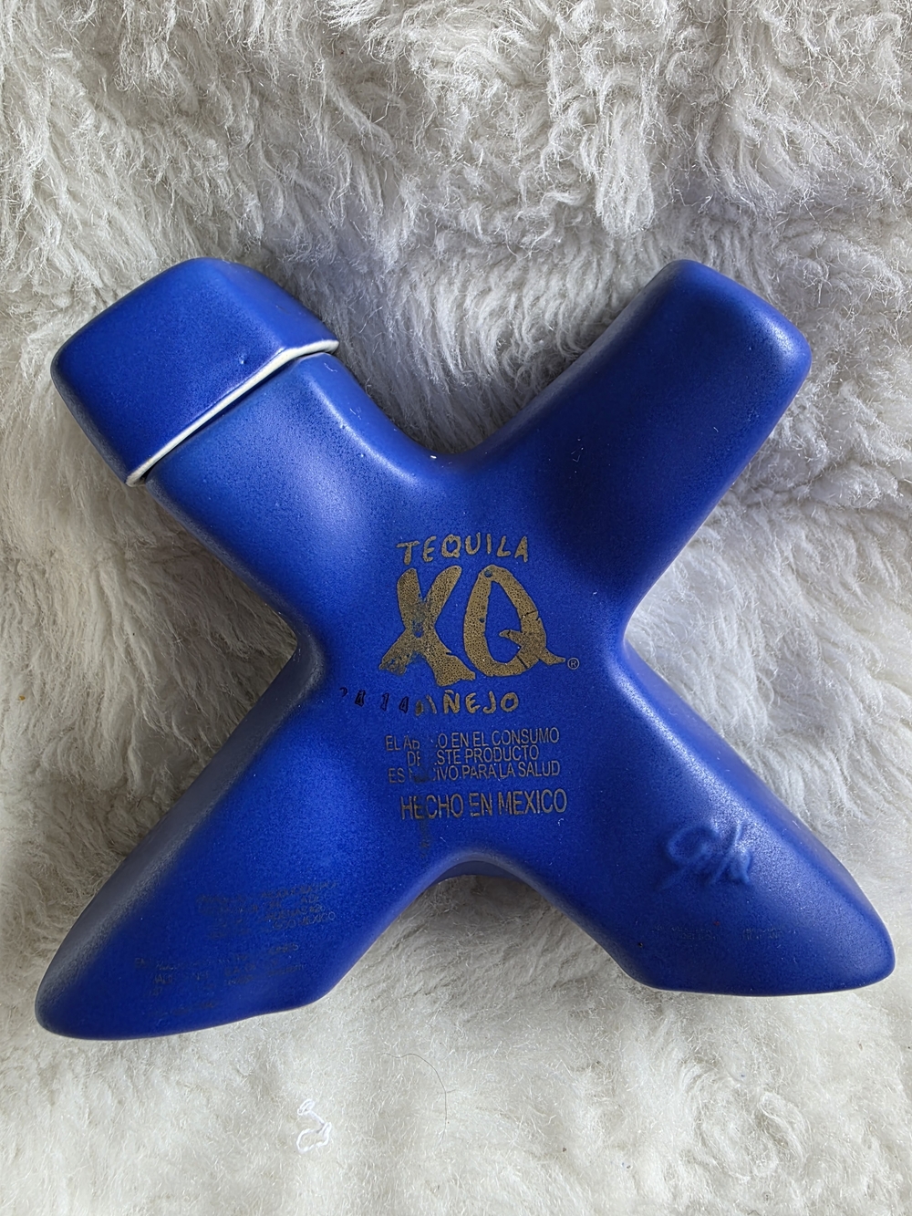 Vintage XQ Tequila Añejo Blue Ceramic X-Shaped Decanter, Empty.